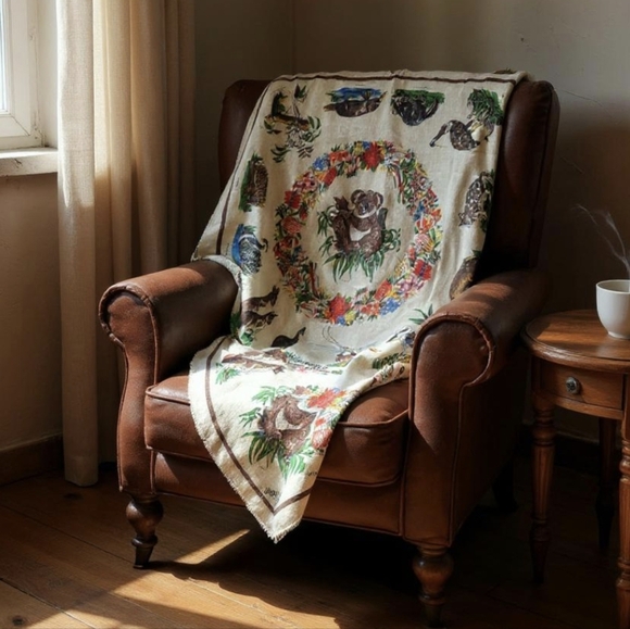 Vtg. 60s Wildlife of Australia Large Linen Square 48' with Animal Print - Picture 16 of 16